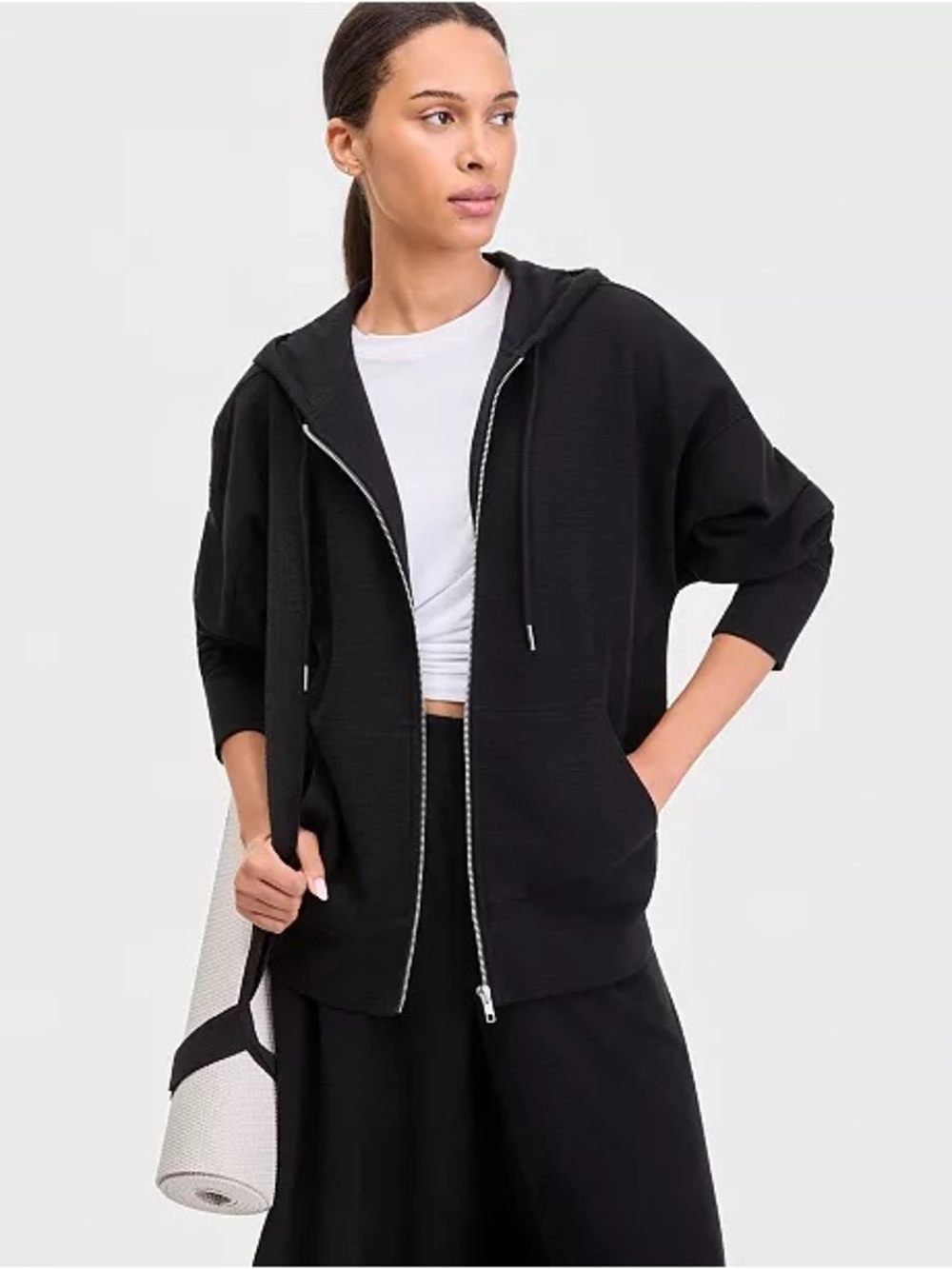 ID ideology Women's Oversized Rib Slub Full-Zip Black Solid Hoodie NWT SIZE L